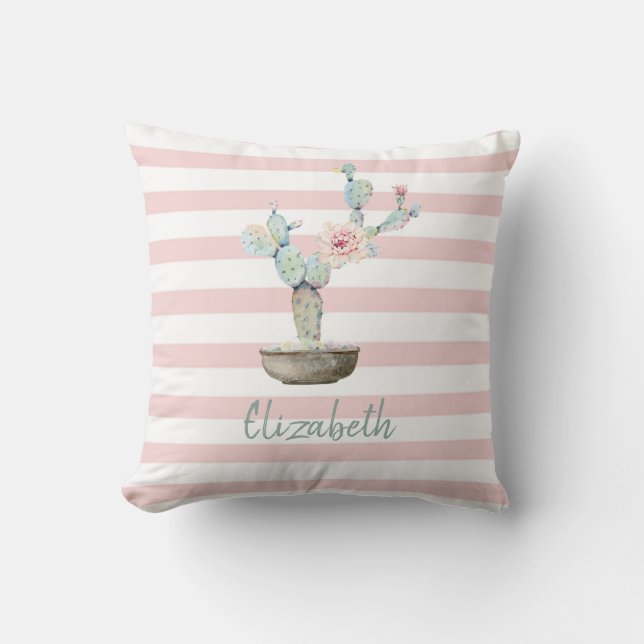 Chique Waterverf Cactus, Roze Strepen Kussen (Voorkant)