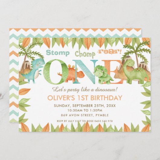 Chique Waterverf Cute Dinosaur 1e Verjaardagsfeest Kaart (Voorkant / Achterkant)