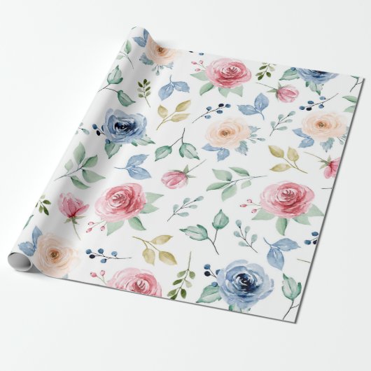 Chique Waterverf Delicate Bloemen Bladerpatroon Cadeaupapier (Uitgerold)