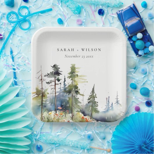 Chique waterverf dennenbos landschap bruiloft papieren bordje (Feest)