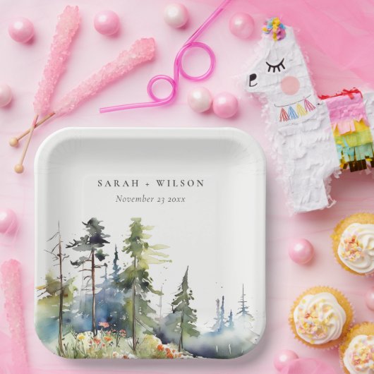 Chique waterverf dennenbos landschap bruiloft papieren bordje (Feest)