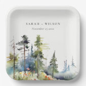 Chique waterverf dennenbos landschap bruiloft papieren bordje (Voorkant)