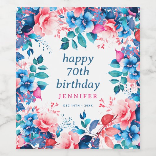 Chique Waterverf Floral 70e Happy Birthday Wijn Etiket (Enkel label)