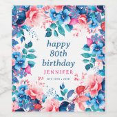 Chique Waterverf Floral 80th Happy Birthday Wijn Etiket (Enkel label)