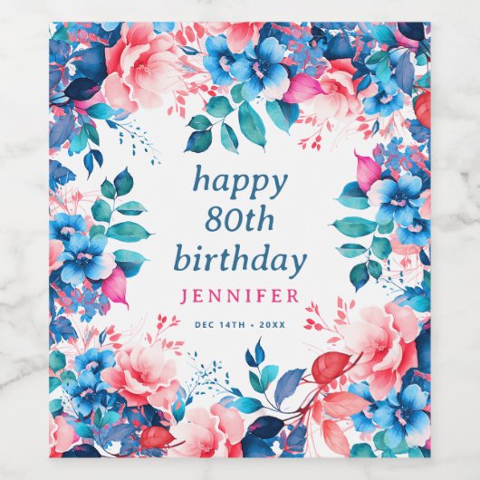 Chique Waterverf Floral 80th Happy Birthday Wijn Etiket (Enkel label)