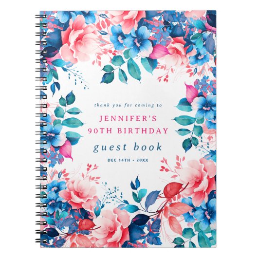 Chique Waterverf Floral 90th Birthday Gastenboek Notitieboek (Voorkant)