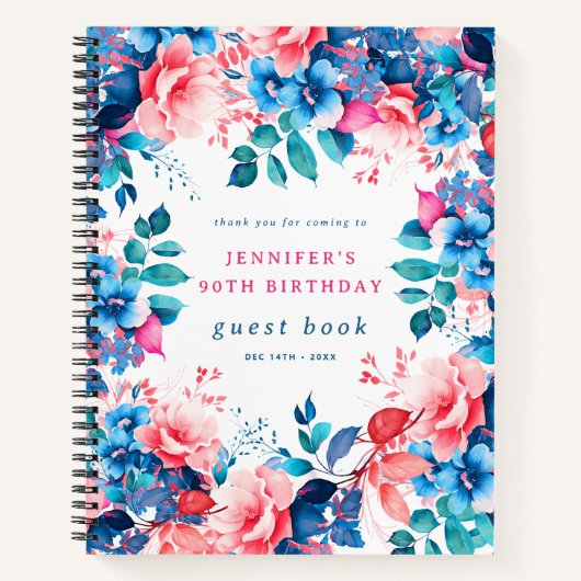 Chique Waterverf Floral 90th Birthday Gastenboek Notitieboek (Voorkant)