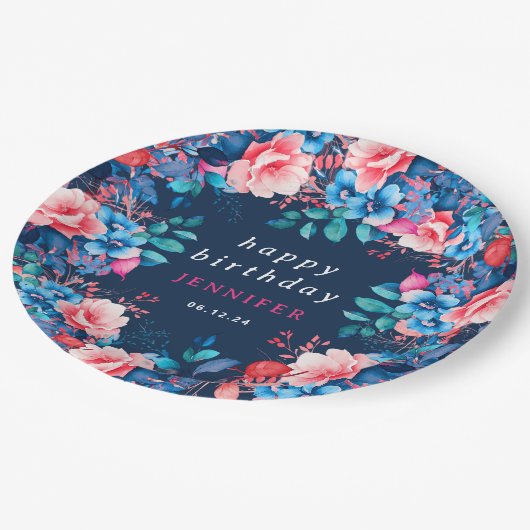 Chique Waterverf Floral Any Age Happy Birthday Nav Papieren Bordje (Gekanteld)