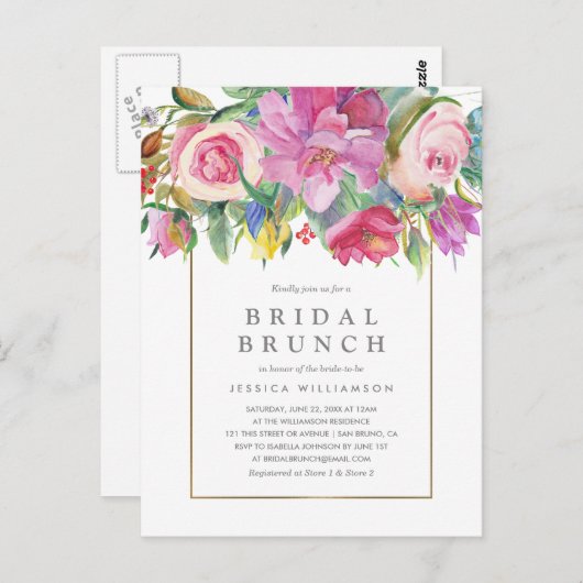 Chique Waterverf Floral Bridal Brunch Briefkaart (Voorkant / Achterkant)