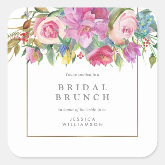 Chique Waterverf Floral Bridal Brunch Vierkante Sticker (Voorkant)