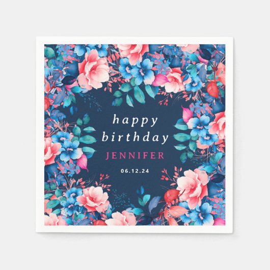 Chique Waterverf Floral Happy Birthday Navy Blauw Servet (Voorkant)