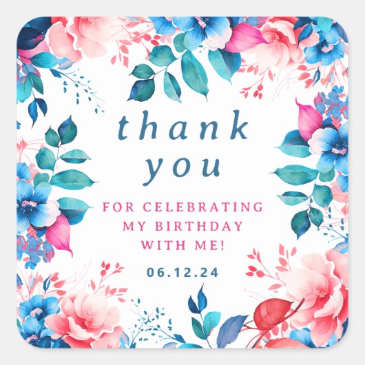 Chique Waterverf Floral Verjaardag Dank u Vierkante Sticker (Voorkant)