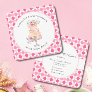 Chique Waterverf Gelaagde Cake Met Rozen Bakkerij Vierkante Visitekaartje
