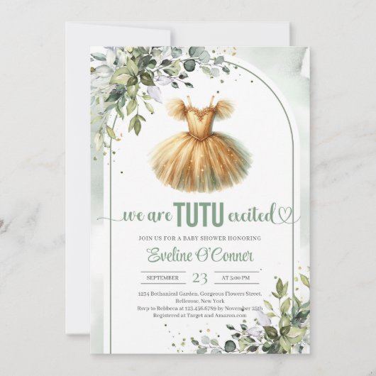 Chique waterverf gouden tutu jurk eucalyptus meisj kaart (Voorkant)