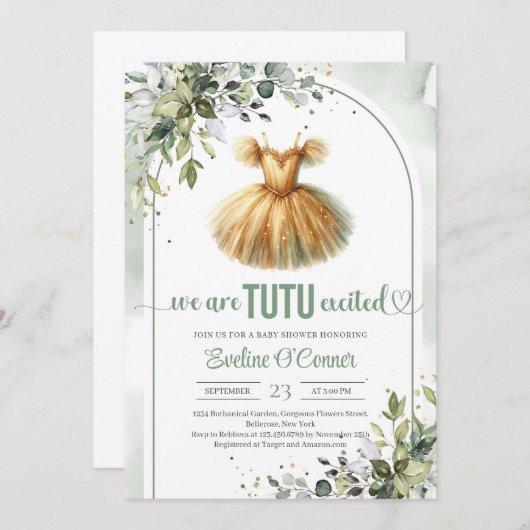 Chique waterverf gouden tutu jurk eucalyptus meisj kaart (Voorkant / Achterkant)