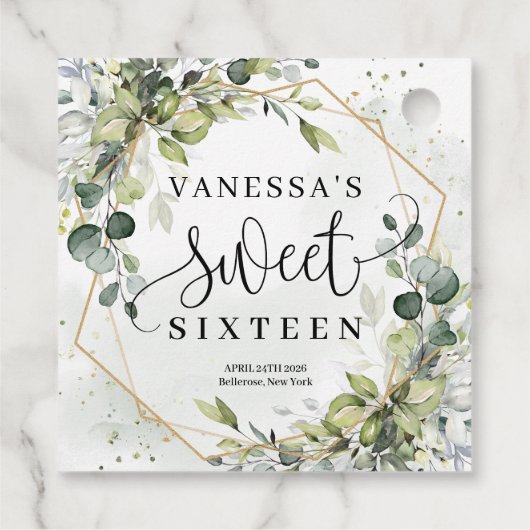 Chique waterverf groen en goud lijst zoet 16e bedankjes labels (Achterkant)