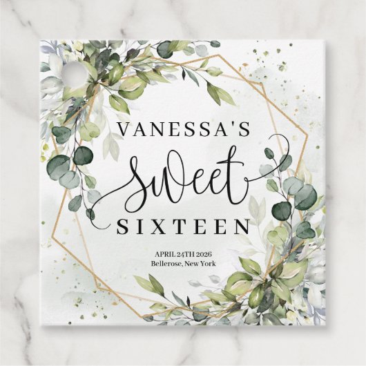 Chique waterverf groen en goud lijst zoet 16e bedankjes labels (Voorkant)