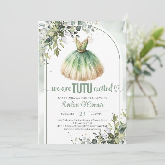 Chique waterverf groen en gouden tutu jurk meisje kaart (Staand voorkant)