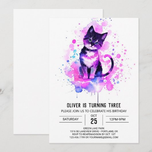 Chique Waterverf Kat Verjaardag Kaart (Voorkant / Achterkant)