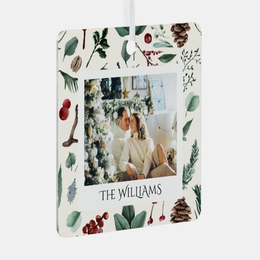 Chique Waterverf Kerst Botanische Foliage Foto Metalen Ornament (Voorkant Rechts)