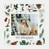 Chique Waterverf Kerst Botanische Foliage Foto Metalen Ornament (Achterkant)