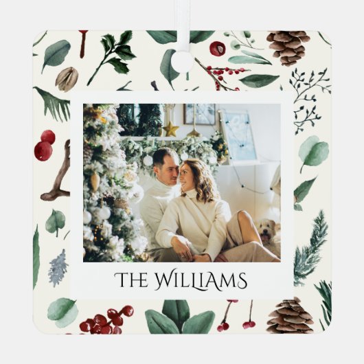 Chique Waterverf Kerst Botanische Foliage Foto Metalen Ornament (Achterkant)