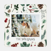 Chique Waterverf Kerst Botanische Foliage Foto Metalen Ornament (Voorkant)