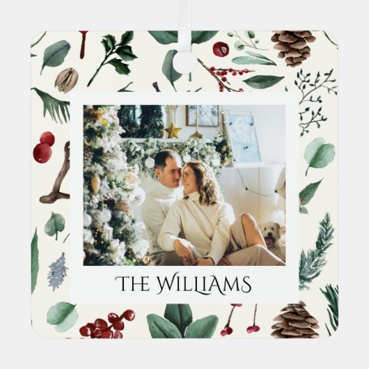 Chique Waterverf Kerst Botanische Foliage Foto Metalen Ornament (Voorkant)