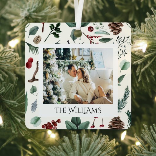 Chique Waterverf Kerst Botanische Foliage Foto Metalen Ornament (Insitu)
