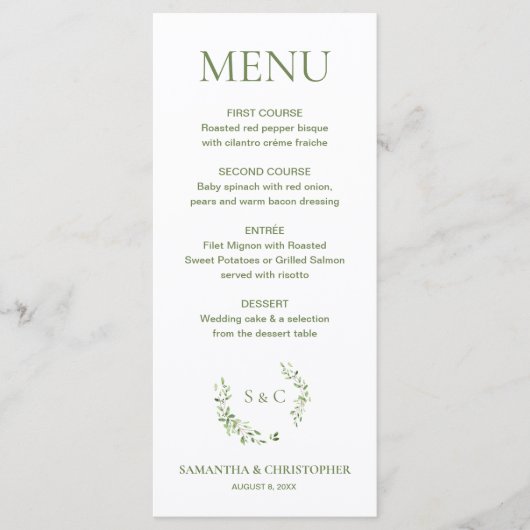 Chique Waterverf krans Monogram bruiloft kam Menu (Voorkant)