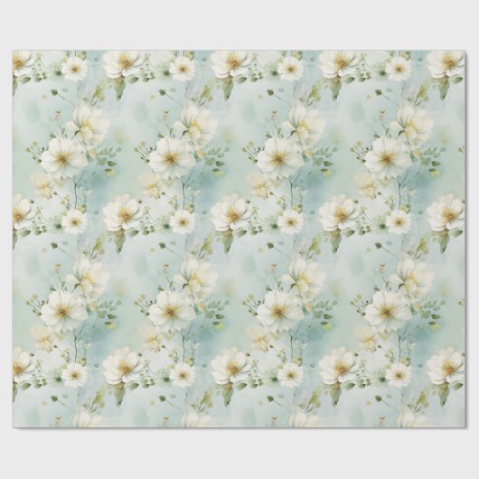 Chique Waterverf pastel groene en witte wilde bloe Cadeaupapier (Vlak)