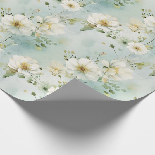 Chique Waterverf pastel groene en witte wilde bloe Cadeaupapier (Hoek)