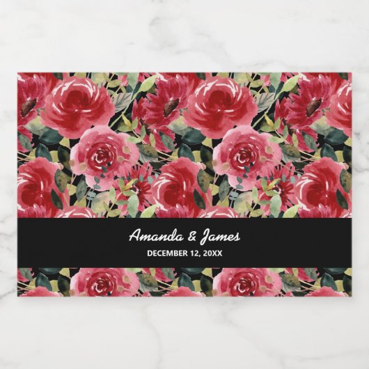 Chique Waterverf Rood Bloemen Zwart Bruiloft Mini Likeurfles Etiket (Enkel label)