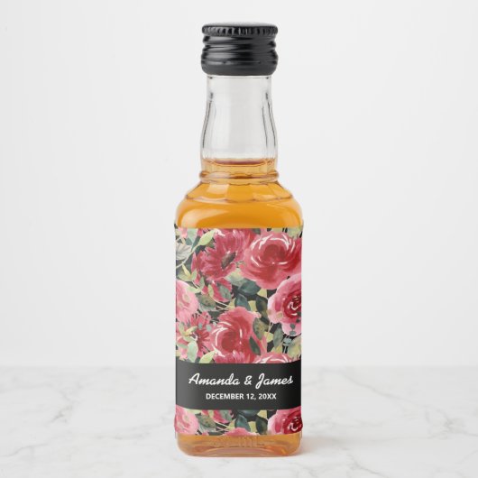 Chique Waterverf Rood Bloemen Zwart Bruiloft Mini Likeurfles Etiket (Voorkant)