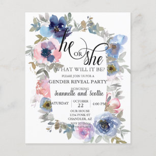 Chique Waterverf Roze Blauwe Bloem Geslacht Reveal Flyer