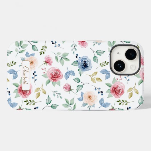 Chique Waterverf Roze Blush Blauw Bloemen Patroon Case-Mate iPhone Case (Achterkant (horizontaal))