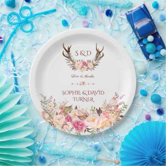 Chique Waterverf Roze Blush Bloemige Geweien Bruil Papieren Bordje (Feest)