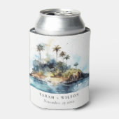 Chique Waterverf Seascape Palm Tree Island bruilof Blikjeskoeler (Blikje Voorkant)