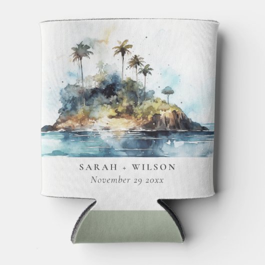 Chique Waterverf Seascape Palm Tree Island bruilof Blikjeskoeler (Voorkant)