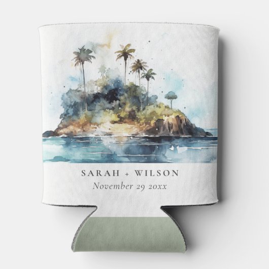 Chique Waterverf Seascape Palm Tree Island bruilof Blikjeskoeler (Achterkant)