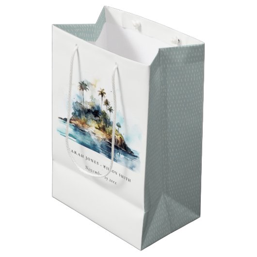 Chique Waterverf Seascape Palm Tree Island bruilof Medium Cadeauzakje (Voorkant Gekanteld)