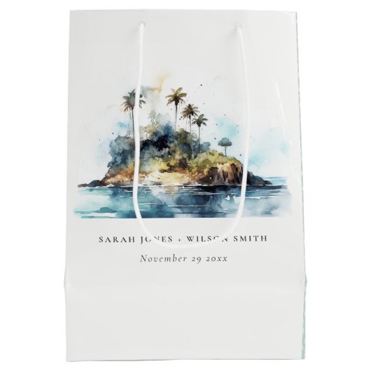 Chique Waterverf Seascape Palm Tree Island bruilof Medium Cadeauzakje (Achterkant)