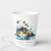 Chique Waterverf Seascape Palm Tree Island bruilof Papieren Bekers (Voorkant)