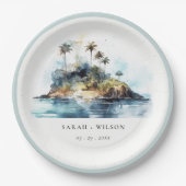 Chique Waterverf Seascape Palm Tree Island bruilof Papieren Bordje (Voorkant)