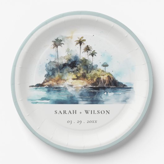 Chique Waterverf Seascape Palm Tree Island bruilof Papieren Bordje (Voorkant)