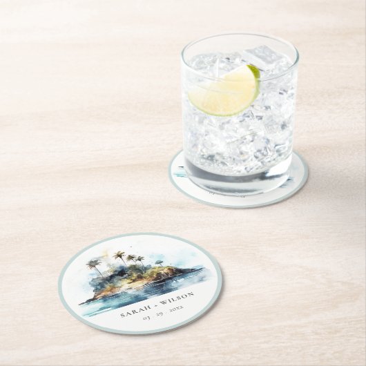 Chique Waterverf Seascape Palm Tree Island bruilof Ronde Kartonnen Onderzetter (Insitu)