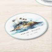 Chique Waterverf Seascape Palm Tree Island bruilof Ronde Kartonnen Onderzetter (Gebogen)