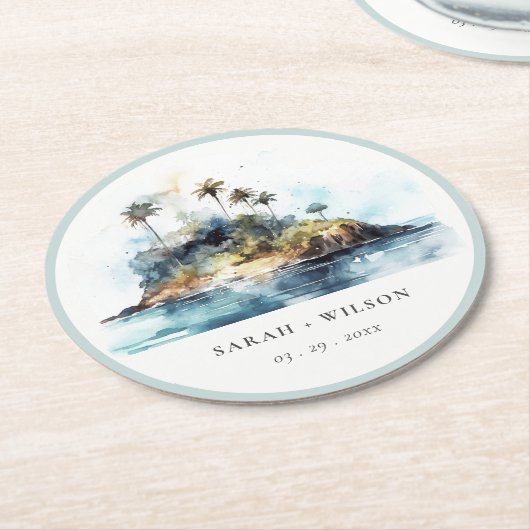 Chique Waterverf Seascape Palm Tree Island bruilof Ronde Kartonnen Onderzetter (Gebogen)
