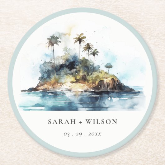 Chique Waterverf Seascape Palm Tree Island bruilof Ronde Kartonnen Onderzetter (Voorkant)