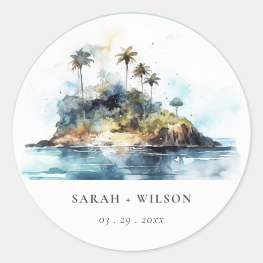 Chique Waterverf Seascape Palm Tree Island bruilof Ronde Sticker (Voorkant)